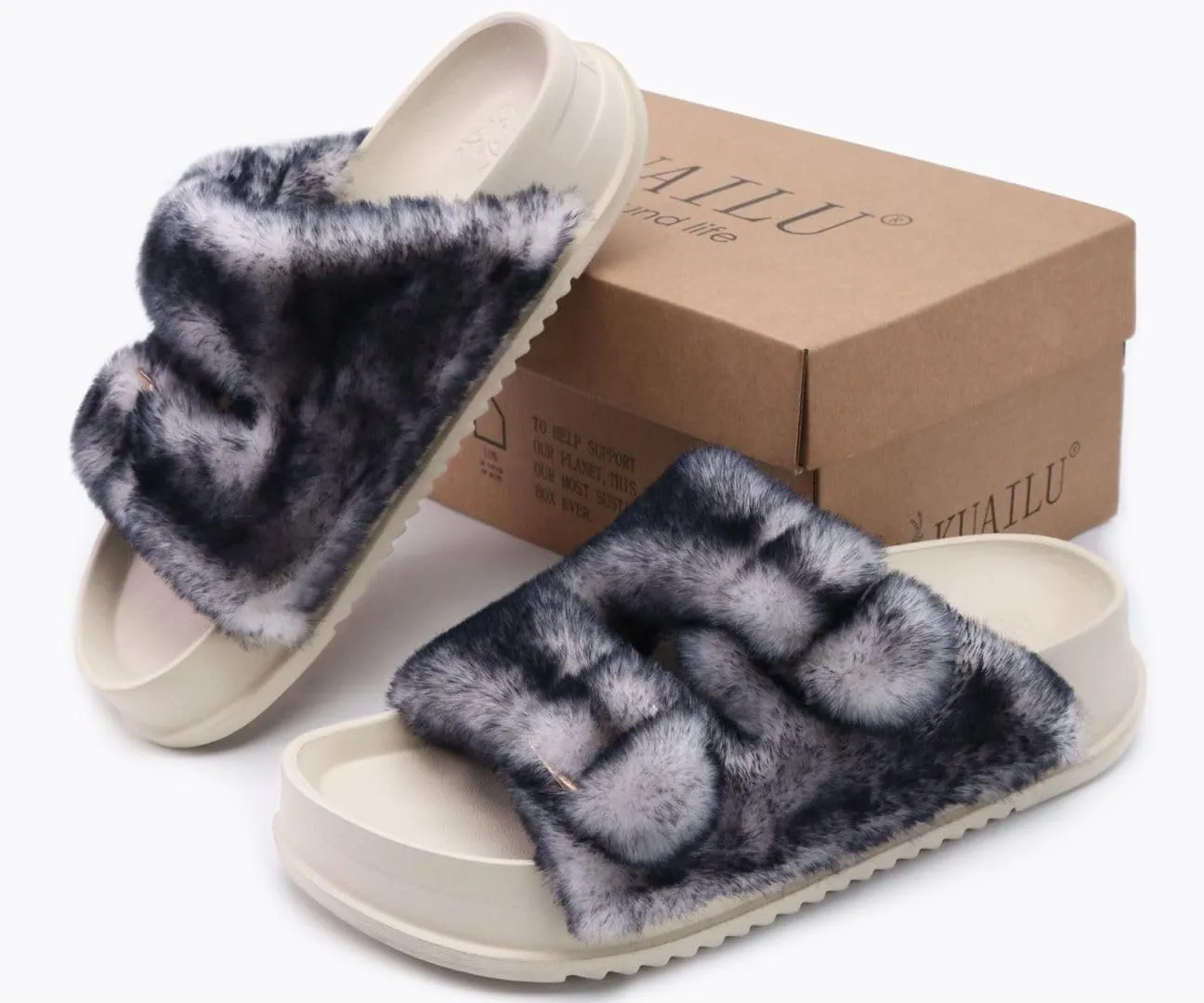 KuaiLu Women's Fluff Slippers Plantar Fasciitis Arch Support Platform Slippers Ladies Fashion Open Toe Faux Fur Sliders Womens House Slipper Size 6-12