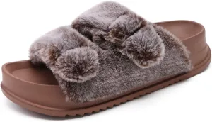 KuaiLu Women's Fluff Slippers Plantar Fasciitis Arch Support Platform Slippers Ladies Fashion Open Toe Faux Fur Sliders Womens House Slipper Size 6-12