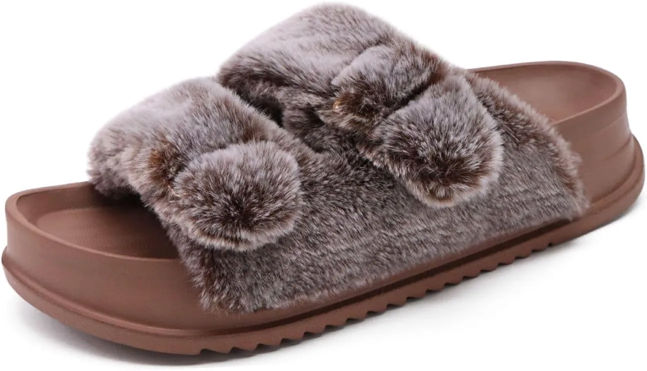 KuaiLu Women's Fluff Slippers Plantar Fasciitis Arch Support Platform Slippers Ladies Fashion Open Toe Faux Fur Sliders Womens House Slipper Size 6-12