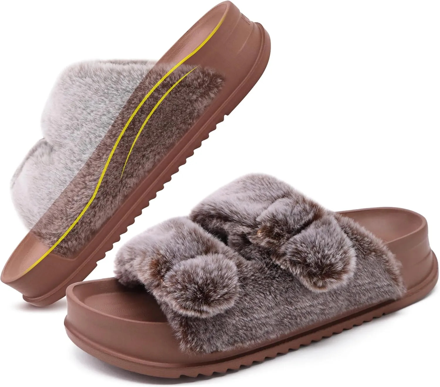 KuaiLu Women's Fluff Slippers Plantar Fasciitis Arch Support Platform Slippers Ladies Fashion Open Toe Faux Fur Sliders Womens House Slipper Size 6-12