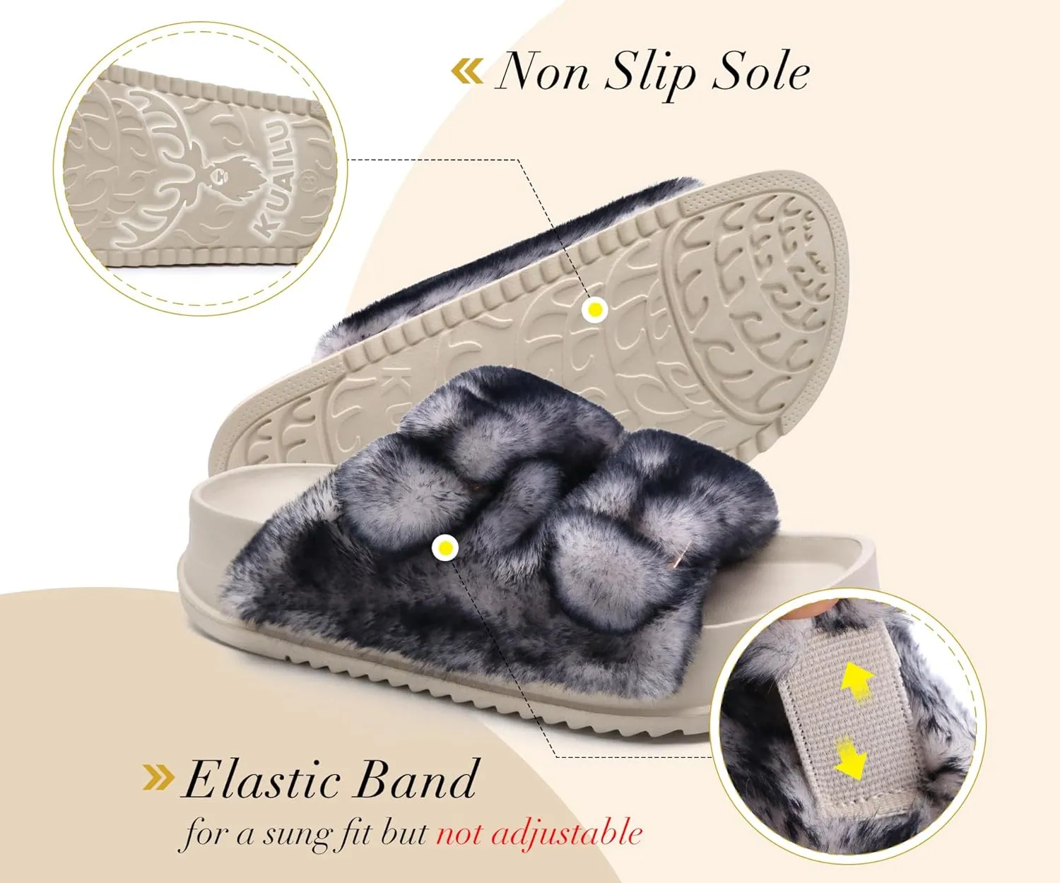 KuaiLu Women's Fluff Slippers Plantar Fasciitis Arch Support Platform Slippers Ladies Fashion Open Toe Faux Fur Sliders Womens House Slipper Size 6-12