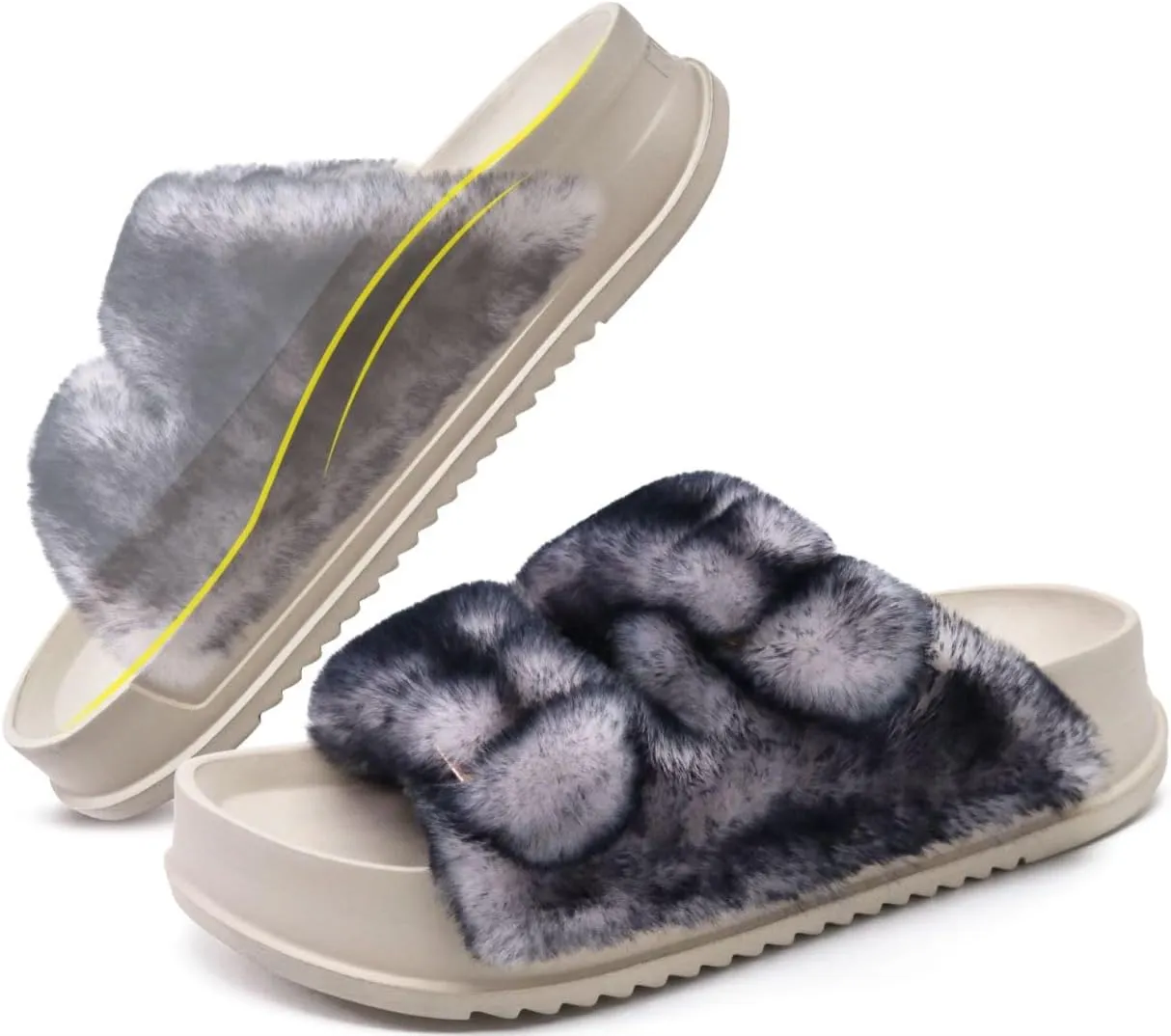 KuaiLu Women's Fluff Slippers Plantar Fasciitis Arch Support Platform Slippers Ladies Fashion Open Toe Faux Fur Sliders Womens House Slipper Size 6-12
