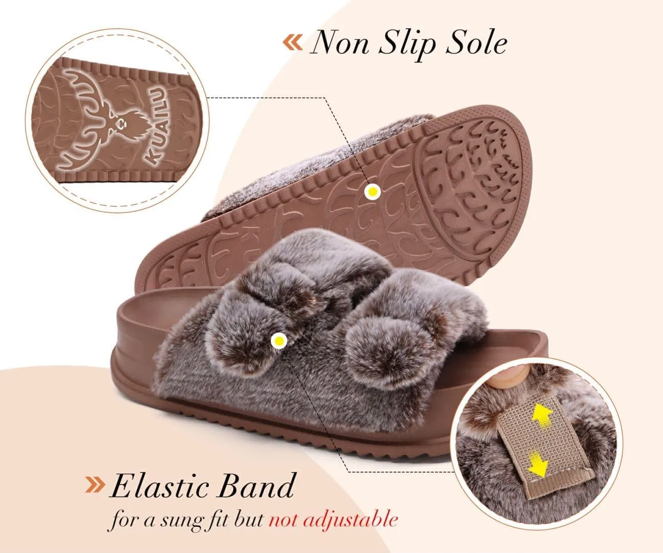 KuaiLu Women's Fluff Slippers Plantar Fasciitis Arch Support Platform Slippers Ladies Fashion Open Toe Faux Fur Sliders Womens House Slipper Size 6-12