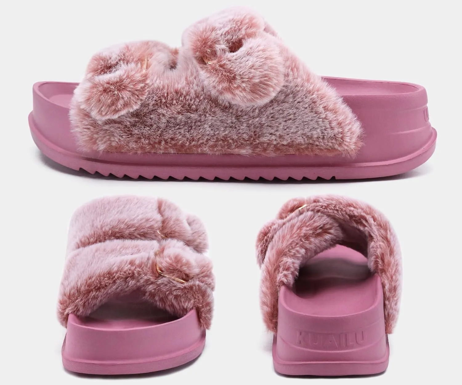 KuaiLu Women's Fluff Slippers Plantar Fasciitis Arch Support Platform Slippers Ladies Fashion Open Toe Faux Fur Sliders Womens House Slipper Size 6-12