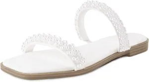LACUONE Pearl Strap Flat Sandals For Women Slip On Square Open Toe Slides Sandals