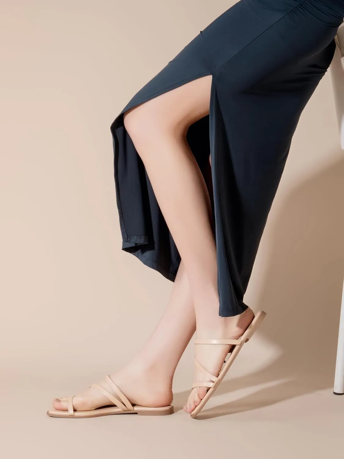 LACUONE Strappy Flat Sandals For Women Slip On Square Open Toe Slides Sandals