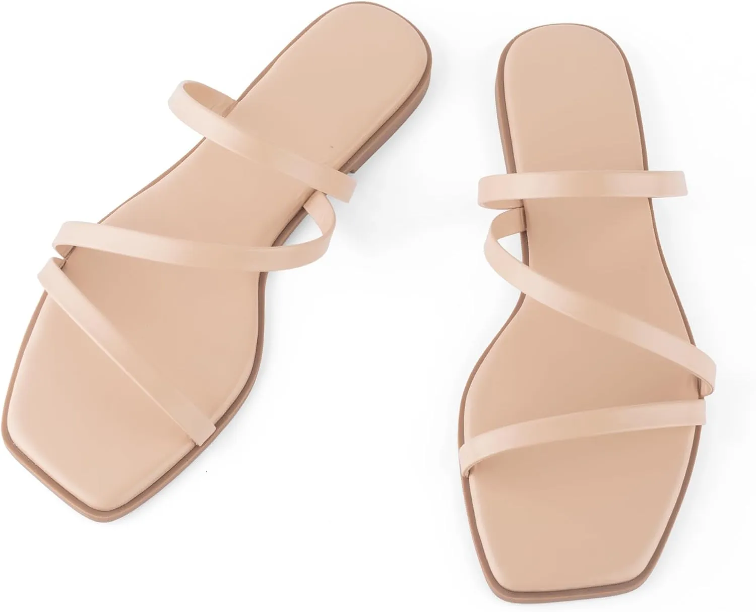 LACUONE Strappy Flat Sandals For Women Slip On Square Open Toe Slides Sandals