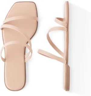 LACUONE Strappy Flat Sandals For Women Slip On Square Open Toe Slides Sandals