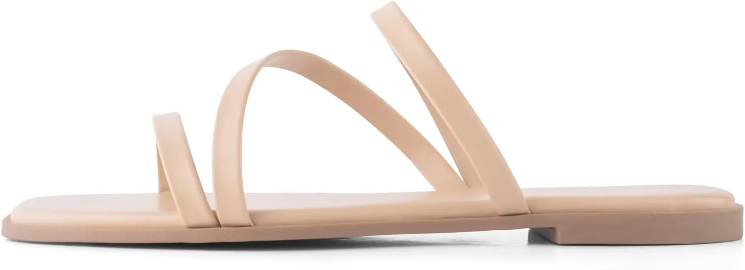 LACUONE Strappy Flat Sandals For Women Slip On Square Open Toe Slides Sandals