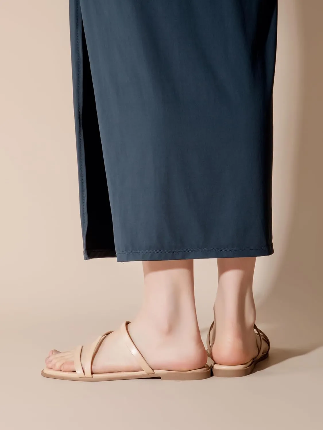 LACUONE Strappy Flat Sandals For Women Slip On Square Open Toe Slides Sandals