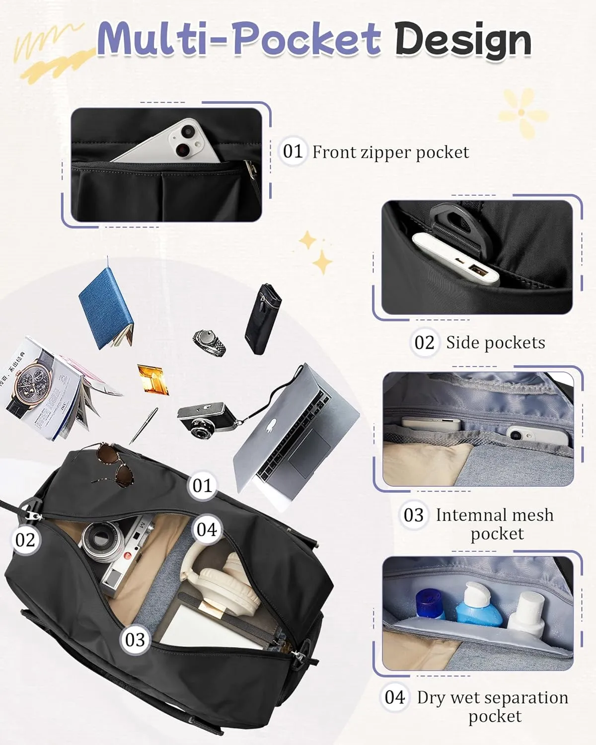 Large Duffle Bag for Travel with Shoe Compartment, Puffer Weekender Bags for Women Travel Tote Carry on Duffel Bag for Airplanes, Personal Item Bag Gym Bag Women, Black