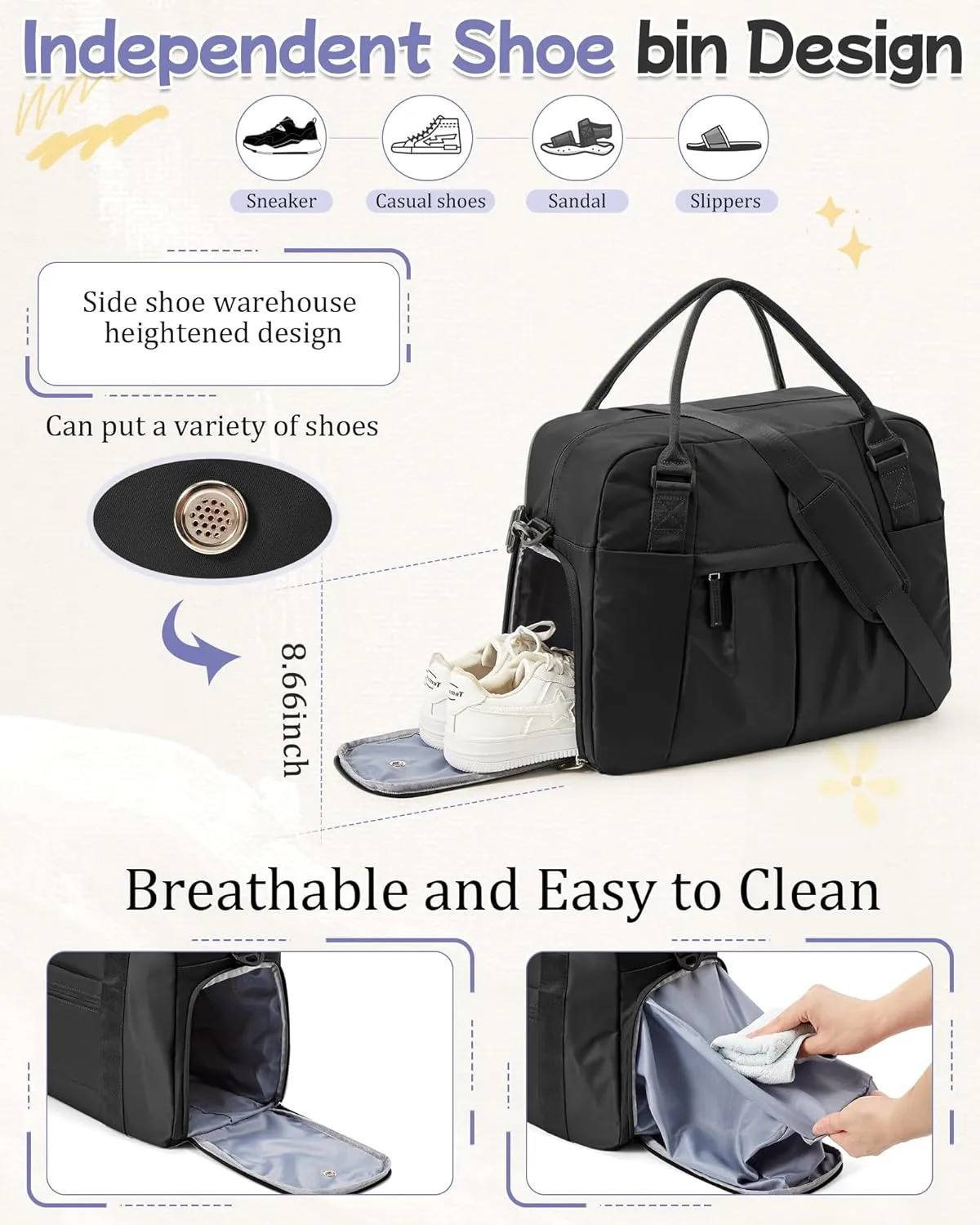 Large Duffle Bag for Travel with Shoe Compartment, Puffer Weekender Bags for Women Travel Tote Carry on Duffel Bag for Airplanes, Personal Item Bag Gym Bag Women, Black