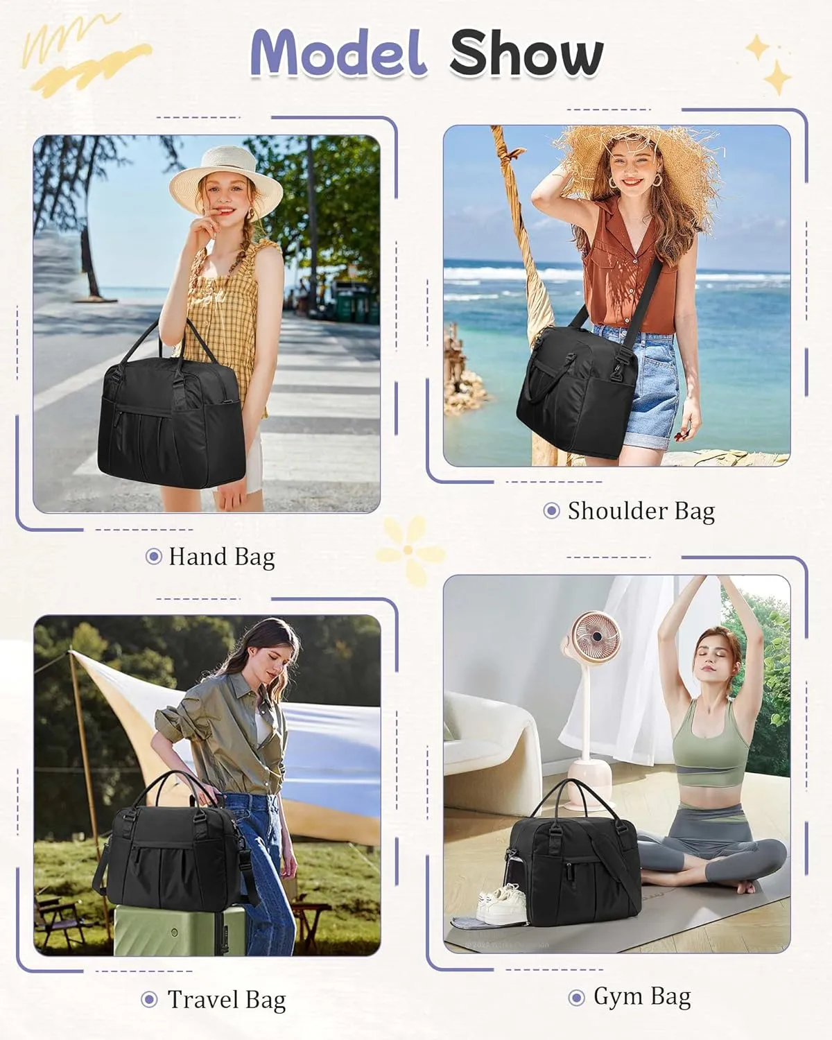 Large Duffle Bag for Travel with Shoe Compartment, Puffer Weekender Bags for Women Travel Tote Carry on Duffel Bag for Airplanes, Personal Item Bag Gym Bag Women, Black