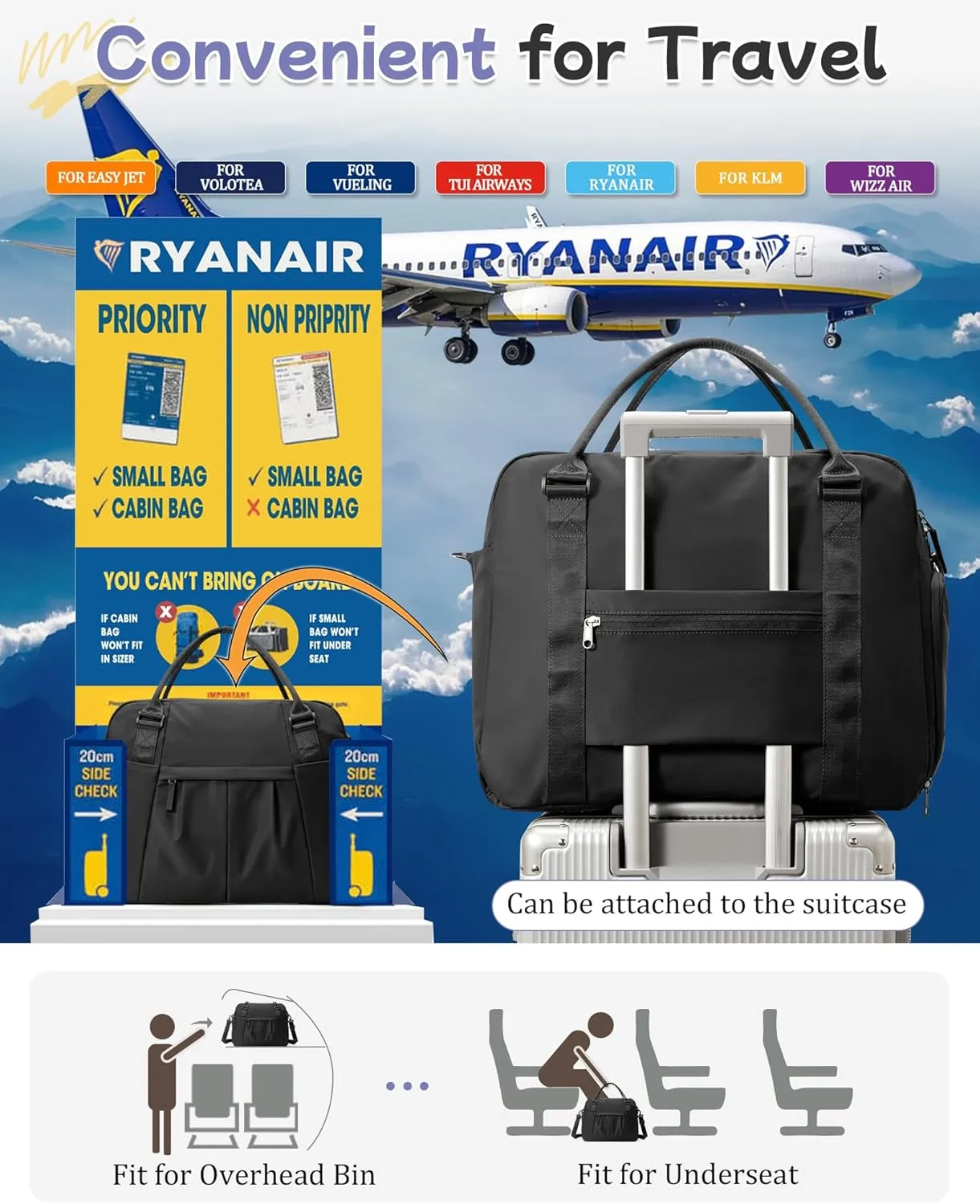 Large Duffle Bag for Travel with Shoe Compartment, Puffer Weekender Bags for Women Travel Tote Carry on Duffel Bag for Airplanes, Personal Item Bag Gym Bag Women, Black