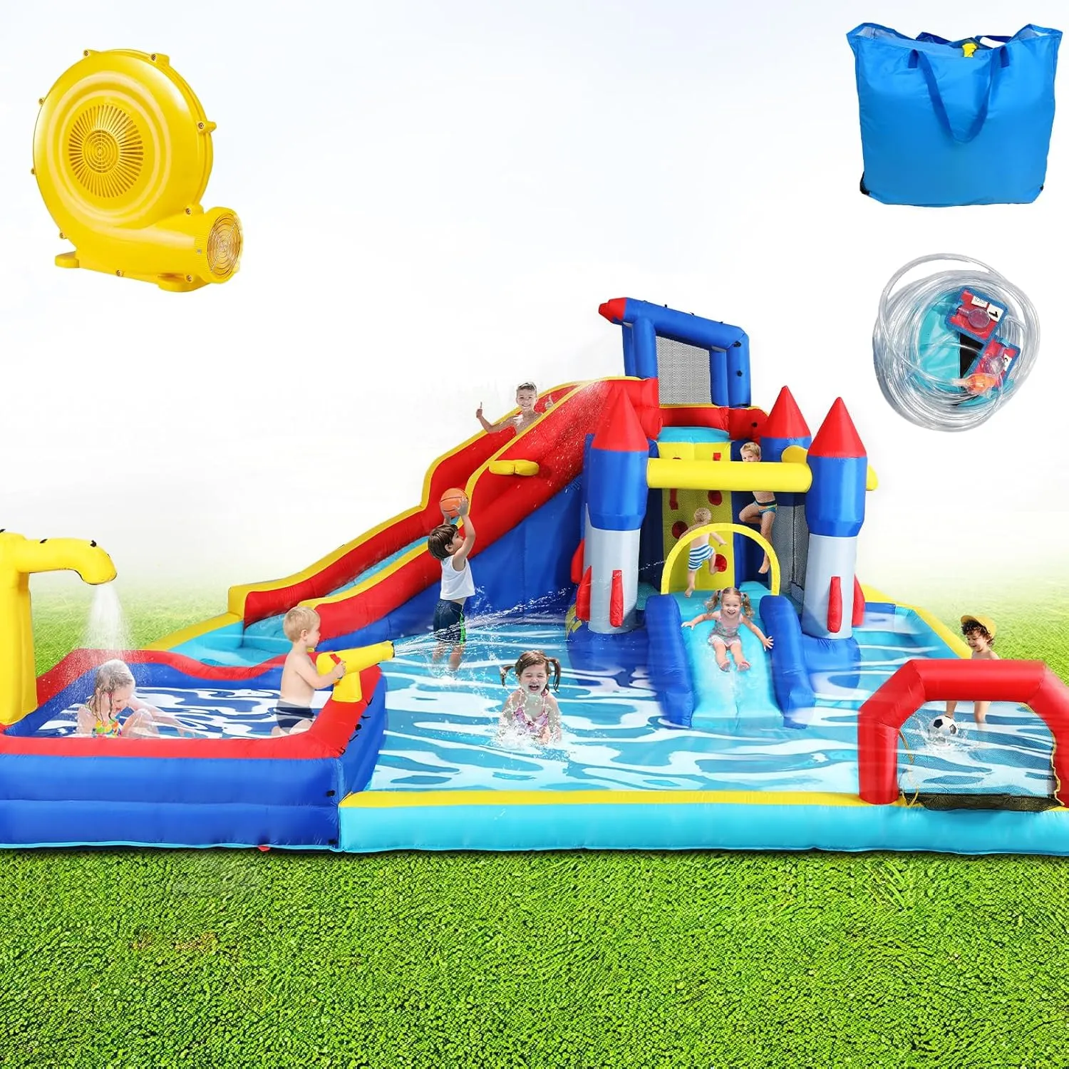 Large Inflatable Water Slide Park, 19x17x8 Ft 10 in 1 Water Bounce House with Blower, Dual Splash Pool, Water Cannon, Basketball & Soccer, Water Slides Bouncy Castle for 3-10 Kids Outdoor Backyard