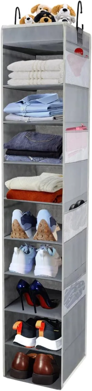 Large-Sized Hanging Shoe Organizer 10-Shelf, Sturdy Hanging Closet Organizer with 8 Side Pockets, Wider Hanging Shelves for Storage Shoes Clothes Jeans Shirts Toys, Grey