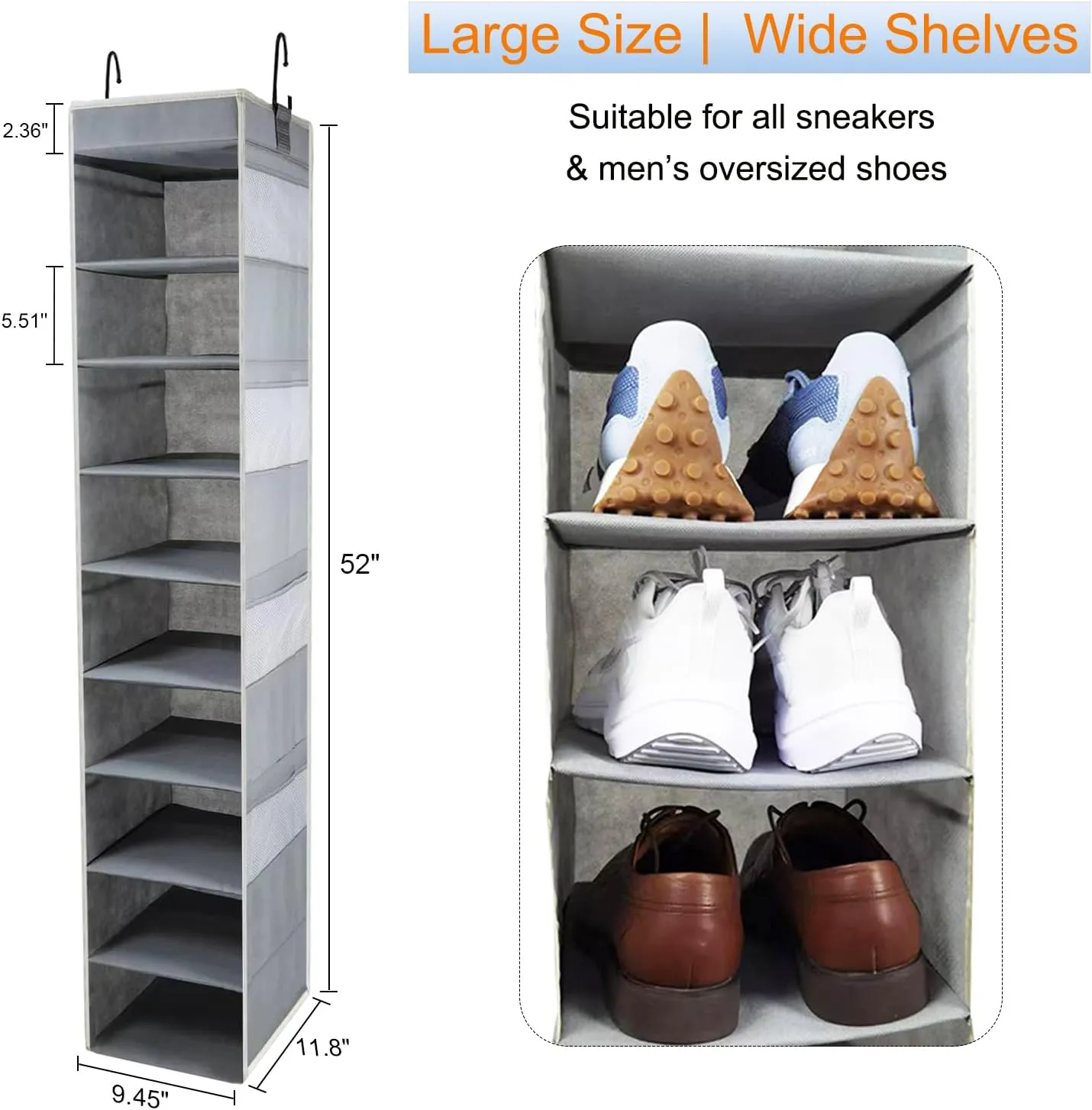 Large-Sized Hanging Shoe Organizer 10-Shelf, Sturdy Hanging Closet Organizer with 8 Side Pockets, Wider Hanging Shelves for Storage Shoes Clothes Jeans Shirts Toys, Grey