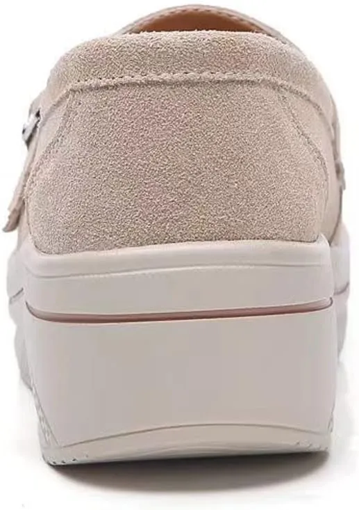 LAVAEGG Women Slip On Loafers,Comfort Suede Moccasins Wide Low Top Shoes,Non-Slip Heightening Wedge Shoes
