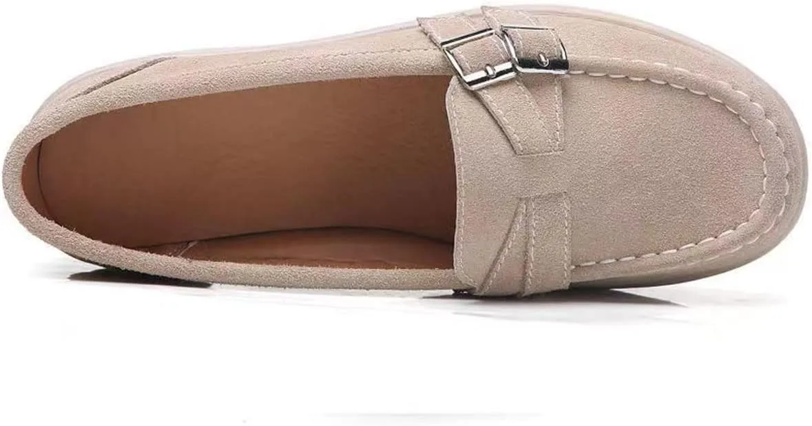 LAVAEGG Women Slip On Loafers,Comfort Suede Moccasins Wide Low Top Shoes,Non-Slip Heightening Wedge Shoes
