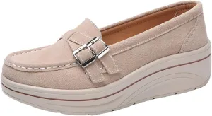 LAVAEGG Women Slip On Loafers,Comfort Suede Moccasins Wide Low Top Shoes,Non-Slip Heightening Wedge Shoes