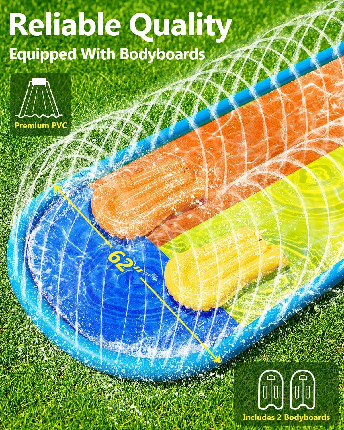 Lawn Water Slides 22.5ft x 62in Double Slide with Built-in Sprinkler and 2 Bodyboards for Kids Adults Backyard, Slip and Slide in Outdoor Water Toys During Summer Holiday