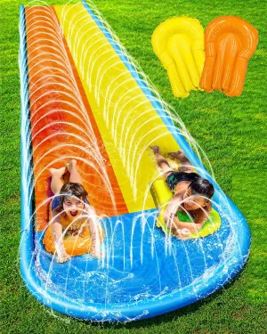 Lawn Water Slides 22.5ft x 62in Double Slide with Built-in Sprinkler and 2 Bodyboards for Kids Adults Backyard, Slip and Slide in Outdoor Water Toys During Summer Holiday