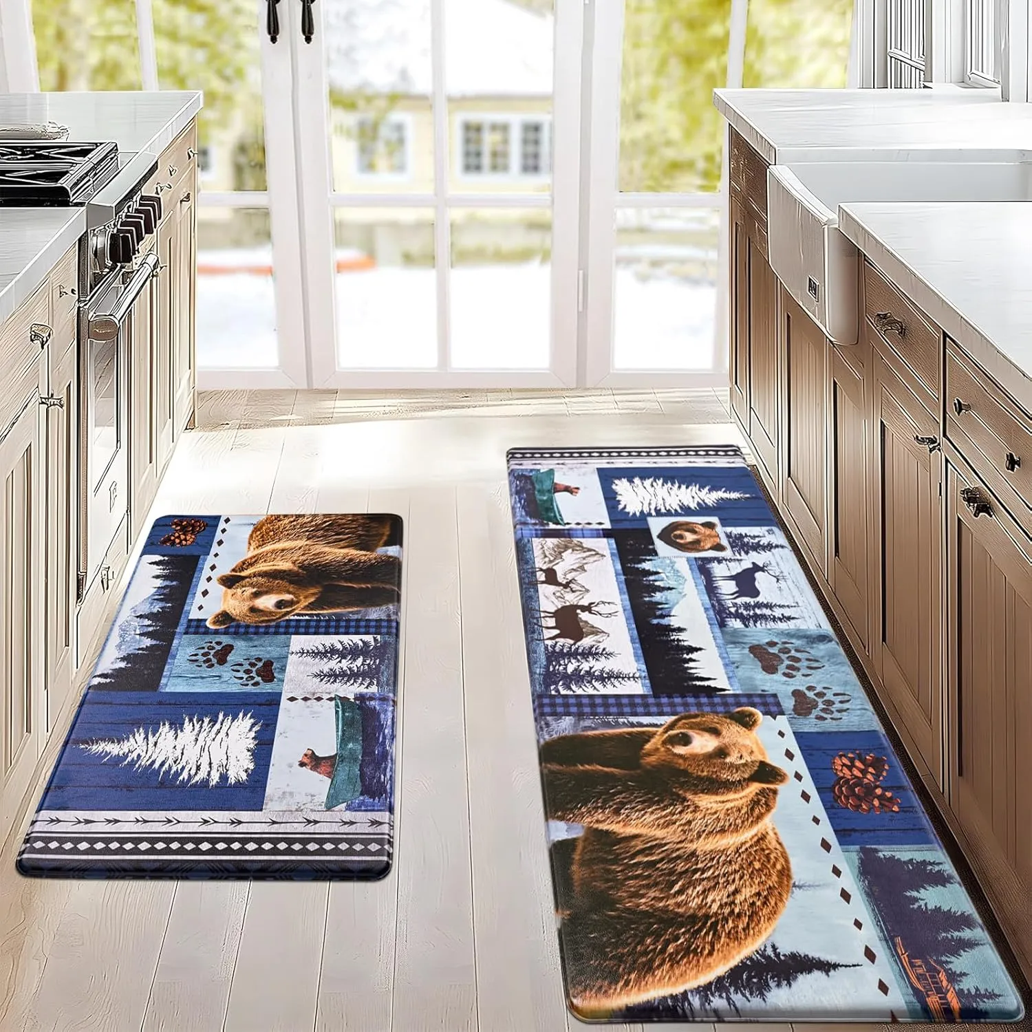 Likiyol Bear Kitchen Mats for Floor [2 PCS] Farmhouse Kitchen Rugs, Anti Fatigue Mats for Kitchen Floor Forest Kitchen Floor Mat Non Slip Comfortable Cushioned, Blue, 18''x 30'' 18''x 48''