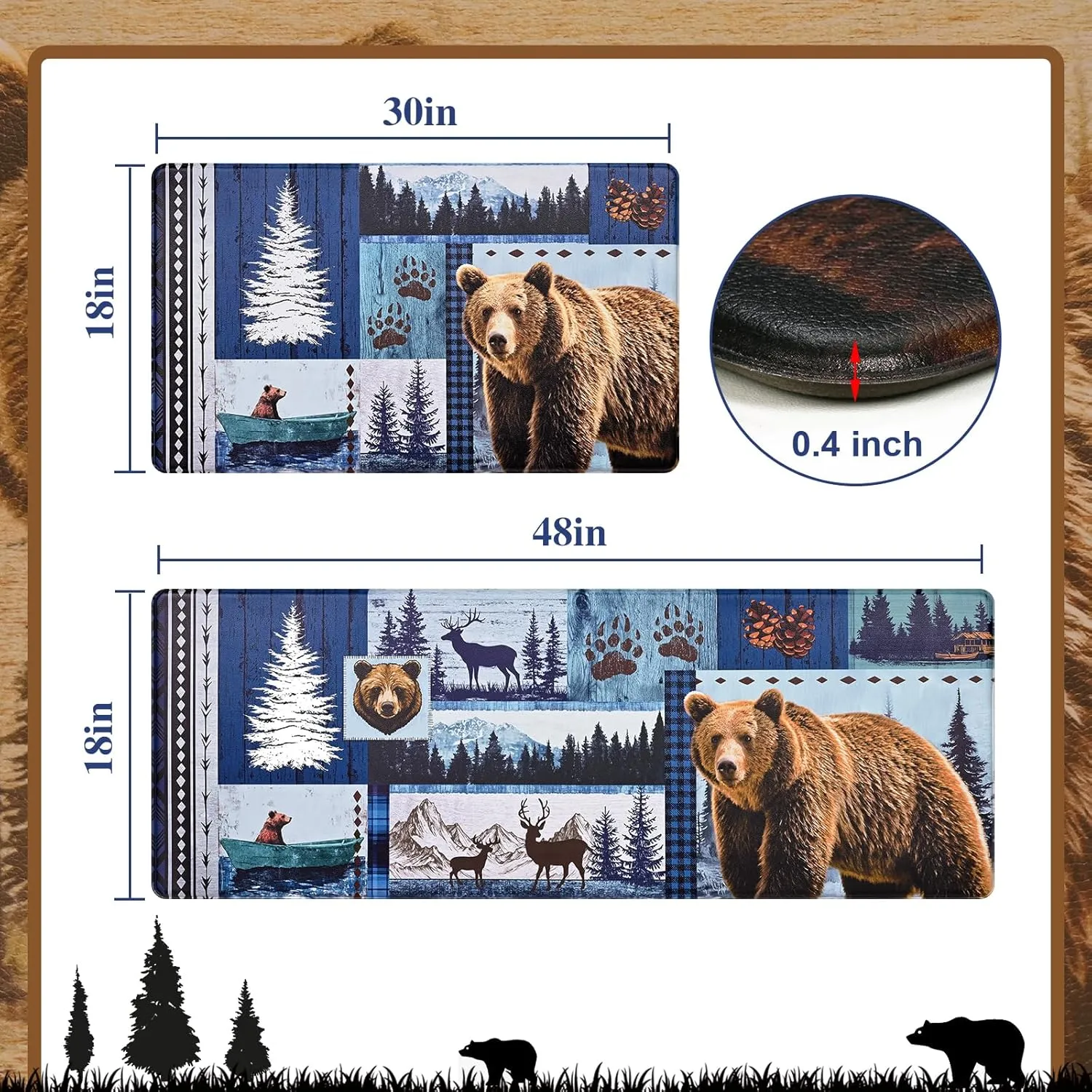 Likiyol Bear Kitchen Mats for Floor [2 PCS] Farmhouse Kitchen Rugs, Anti Fatigue Mats for Kitchen Floor Forest Kitchen Floor Mat Non Slip Comfortable Cushioned, Blue, 18''x 30'' 18''x 48''