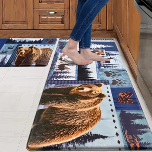 Likiyol Bear Kitchen Mats for Floor [2 PCS] Farmhouse Kitchen Rugs, Anti Fatigue Mats for Kitchen Floor Forest Kitchen Floor Mat Non Slip Comfortable Cushioned, Blue, 18''x 30'' 18''x 48''