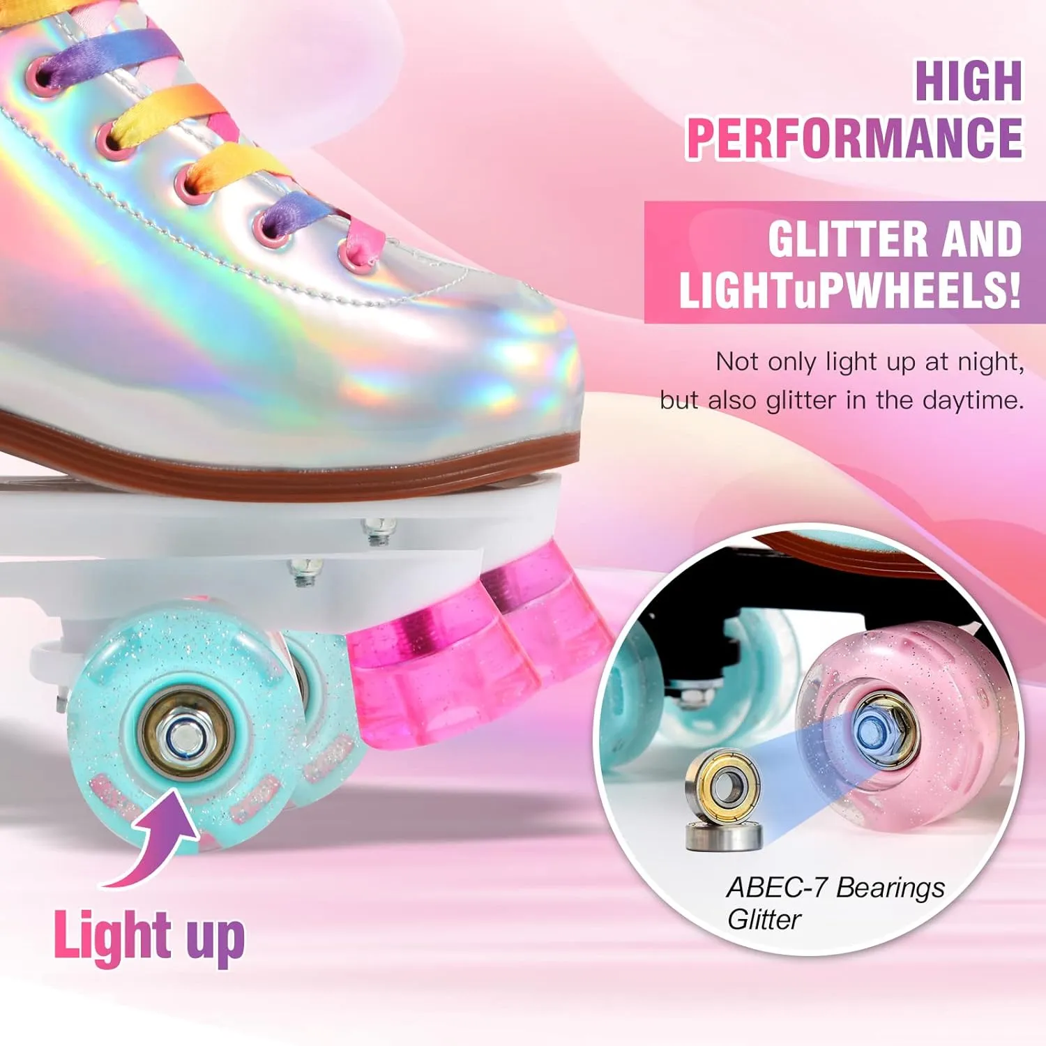 LIKU Quad Roller Skates for Girl and Women with All Wheel Light Up,Indoor/Outdoor Lace-Up Fun Illuminating Roller Skate for Kid