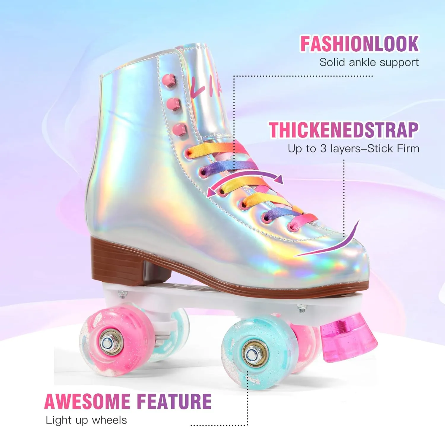 LIKU Quad Roller Skates for Girl and Women with All Wheel Light Up,Indoor/Outdoor Lace-Up Fun Illuminating Roller Skate for Kid