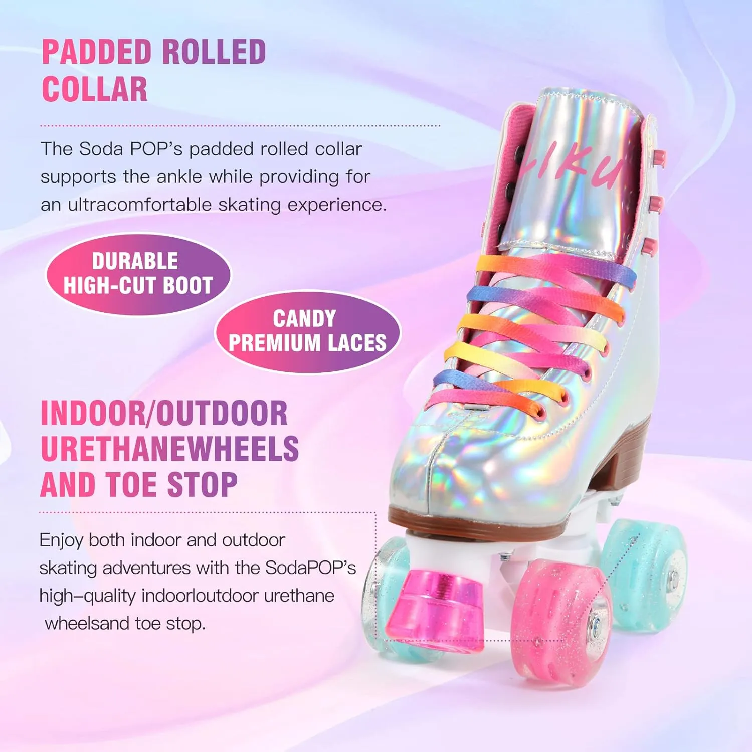 LIKU Quad Roller Skates for Girl and Women with All Wheel Light Up,Indoor/Outdoor Lace-Up Fun Illuminating Roller Skate for Kid