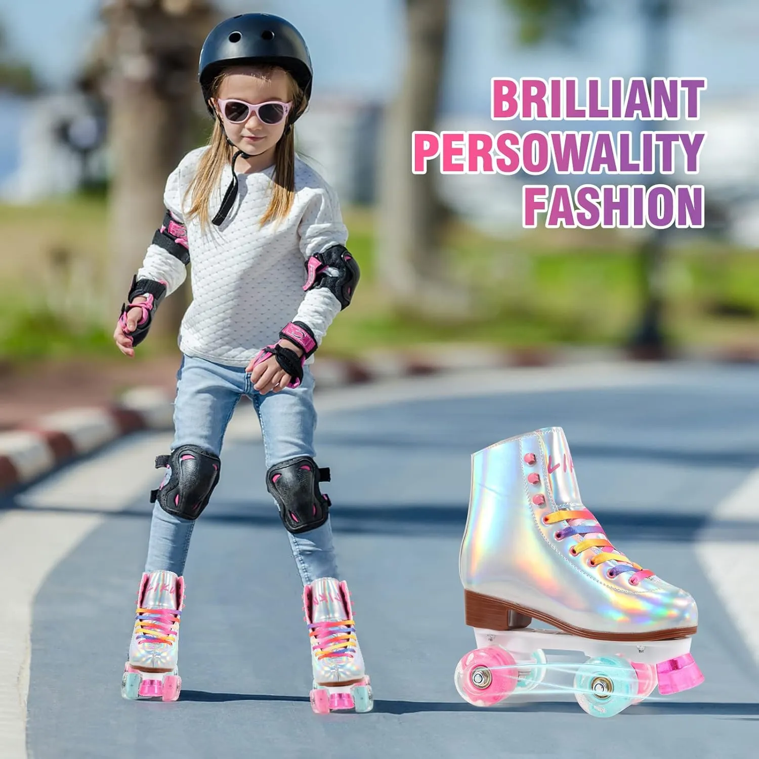 LIKU Quad Roller Skates for Girl and Women with All Wheel Light Up,Indoor/Outdoor Lace-Up Fun Illuminating Roller Skate for Kid