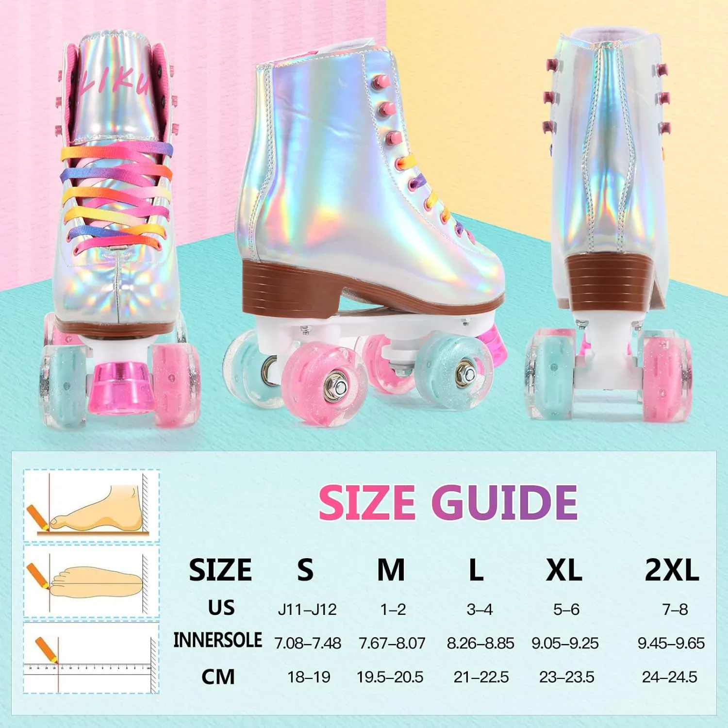 LIKU Quad Roller Skates for Girl and Women with All Wheel Light Up,Indoor/Outdoor Lace-Up Fun Illuminating Roller Skate for Kid