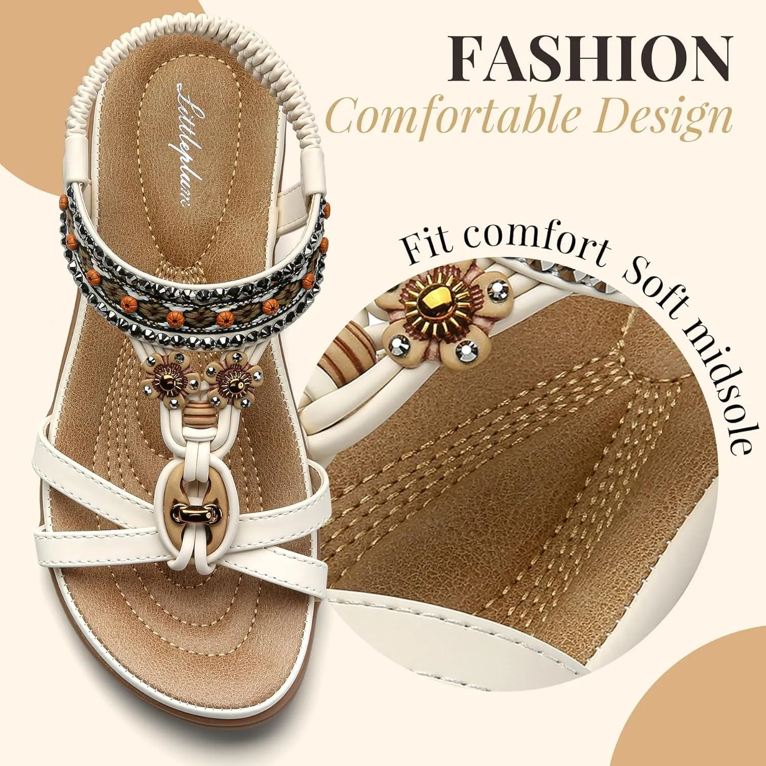 Littleplum Womens Sandals Arch Support Summer Beach Sandals Comfort Walking Shoes Bohemian Flip Flops Sandals for Women