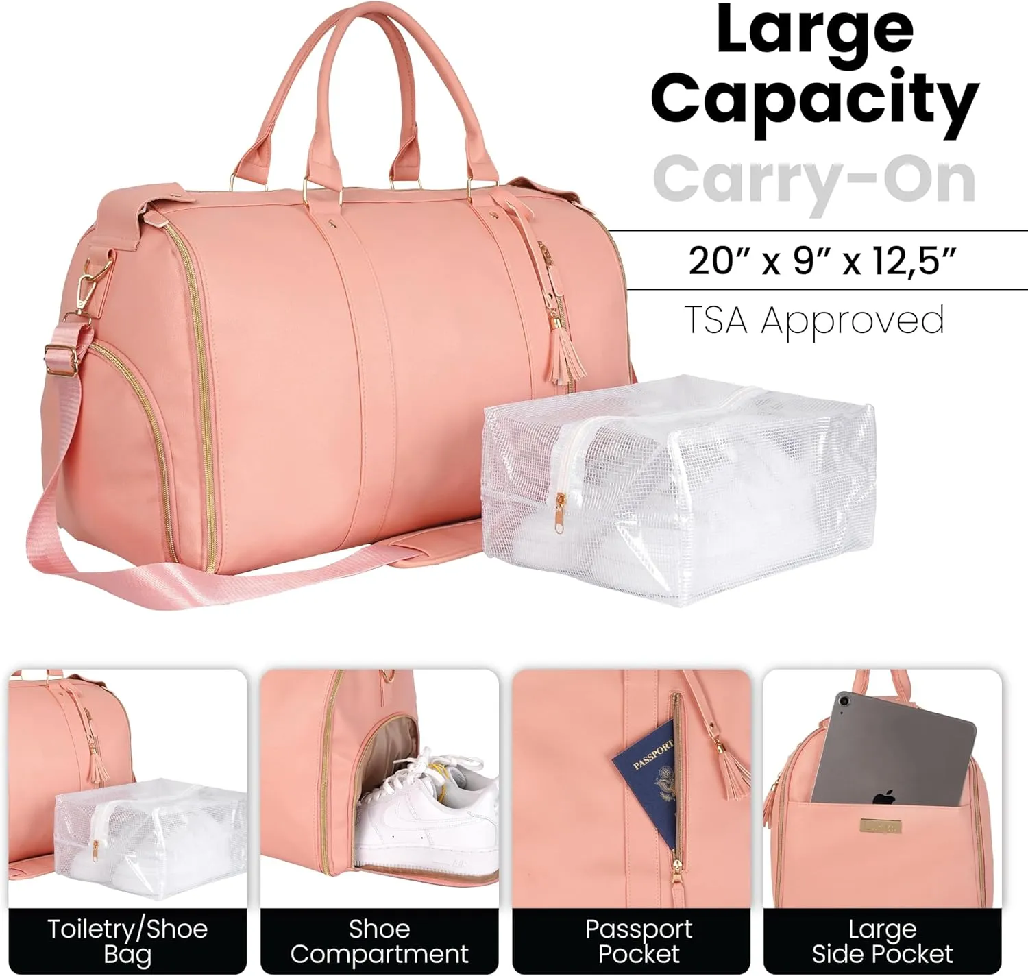 Luhxe Travel Convertible Carry On Garment Bag with Shoe Pouch & Detachable Shoulder Strap - Rose