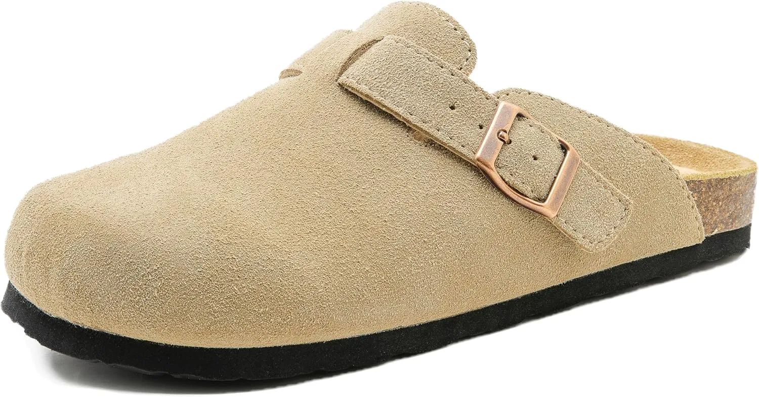 Luna Women's Suede Clogs Leather Mules Cork Footbed Sandals Potato Shoes with Arch Support