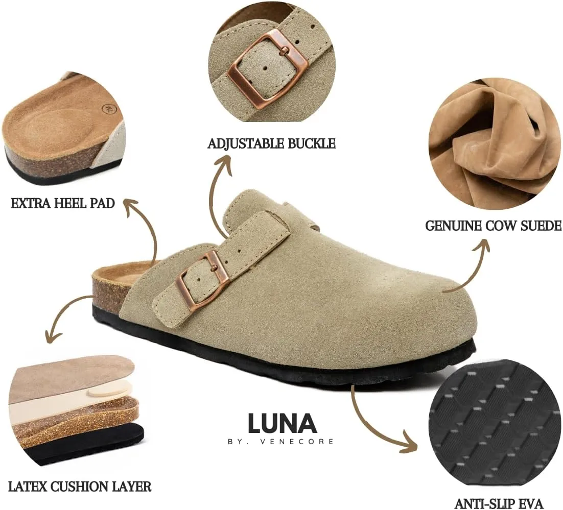 Luna Women's Suede Clogs Leather Mules Cork Footbed Sandals Potato Shoes with Arch Support