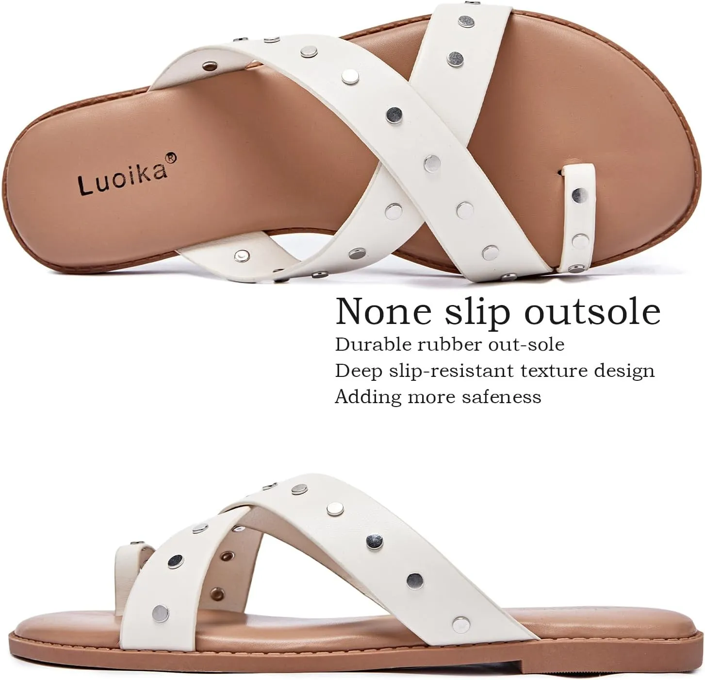 Luoika Women's Wide Width Flat Sandals, Flip Flop Slides Sandal Casual Strapy Sandal Slip on Summer Beach Shoes for Women.