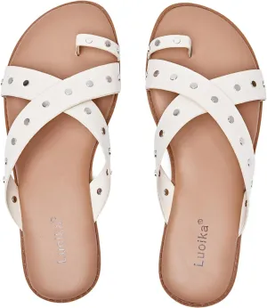 Luoika Women's Wide Width Flat Sandals, Flip Flop Slides Sandal Casual Strapy Sandal Slip on Summer Beach Shoes for Women.