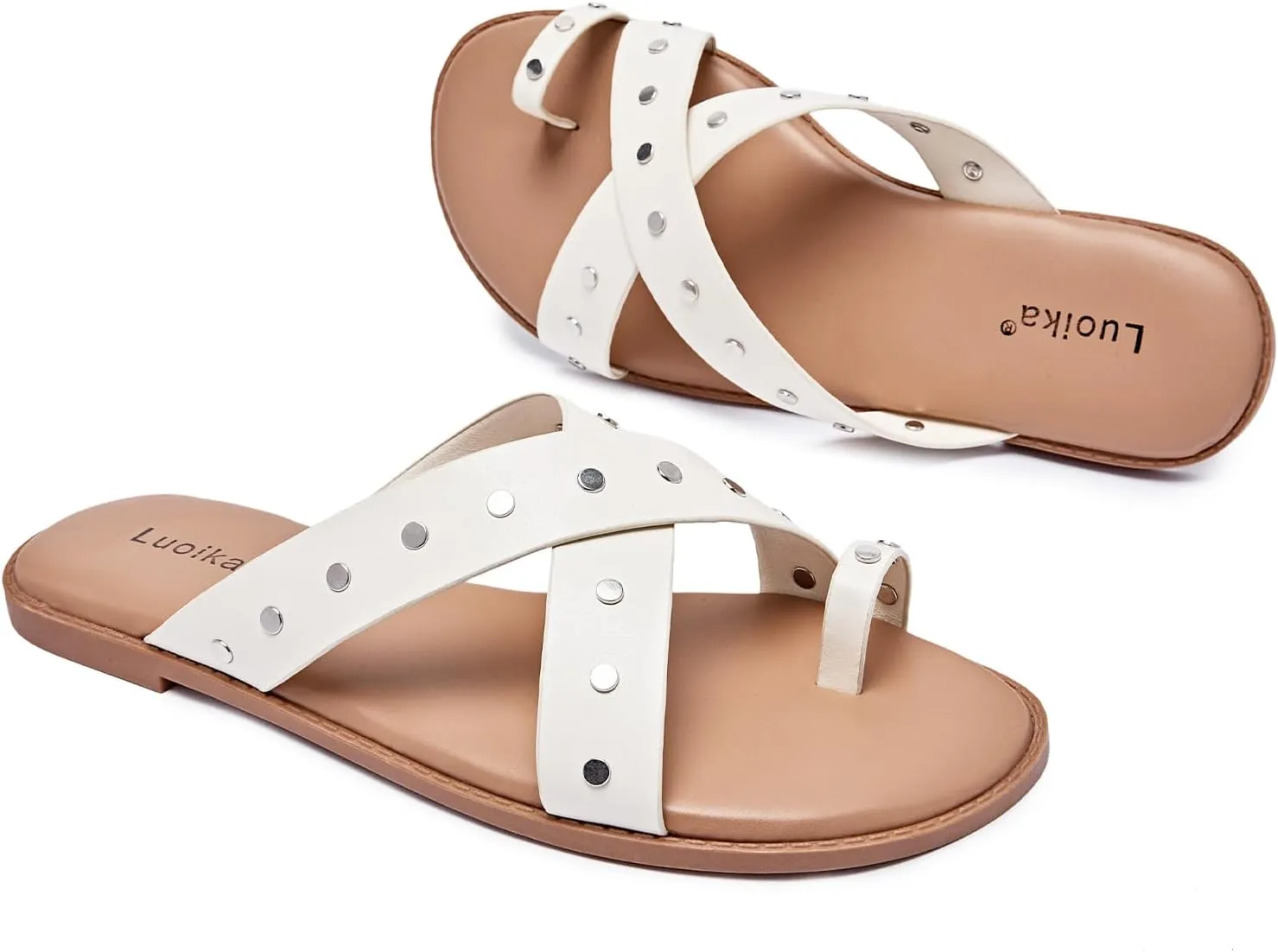 Luoika Women's Wide Width Flat Sandals, Flip Flop Slides Sandal Casual Strapy Sandal Slip on Summer Beach Shoes for Women.