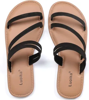 Luoika Women's Wide Width Flat Slides Sandals, Strapy Slide Sandal Slip on Dressy Summer Shoes for Women.