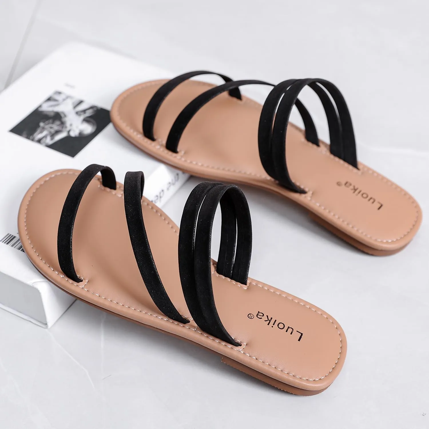 Luoika Women's Wide Width Flat Slides Sandals, Strapy Slide Sandal Slip on Dressy Summer Shoes for Women.