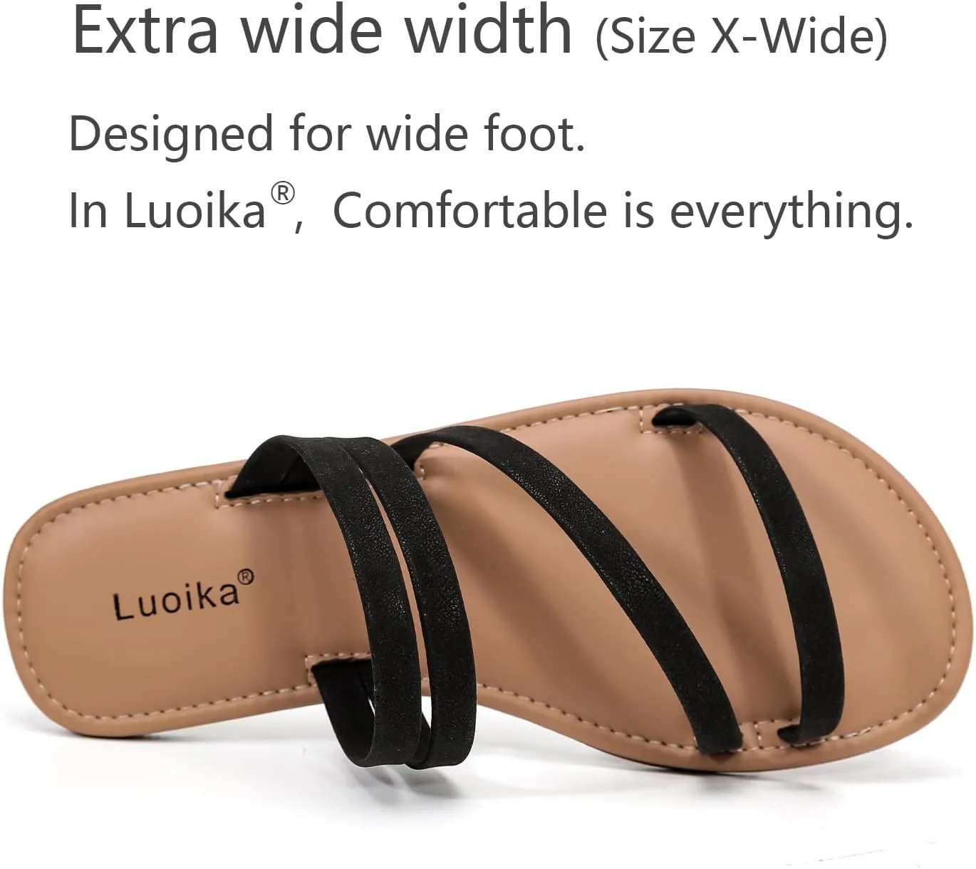 Luoika Women's Wide Width Flat Slides Sandals, Strapy Slide Sandal Slip on Dressy Summer Shoes for Women.