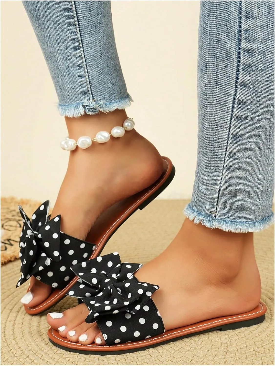 MakeMeChic Women's Polka Dots Bow Flat Sandals Faux Leather Slip On Summer Shoes