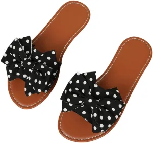 MakeMeChic Women's Polka Dots Bow Flat Sandals Faux Leather Slip On Summer Shoes