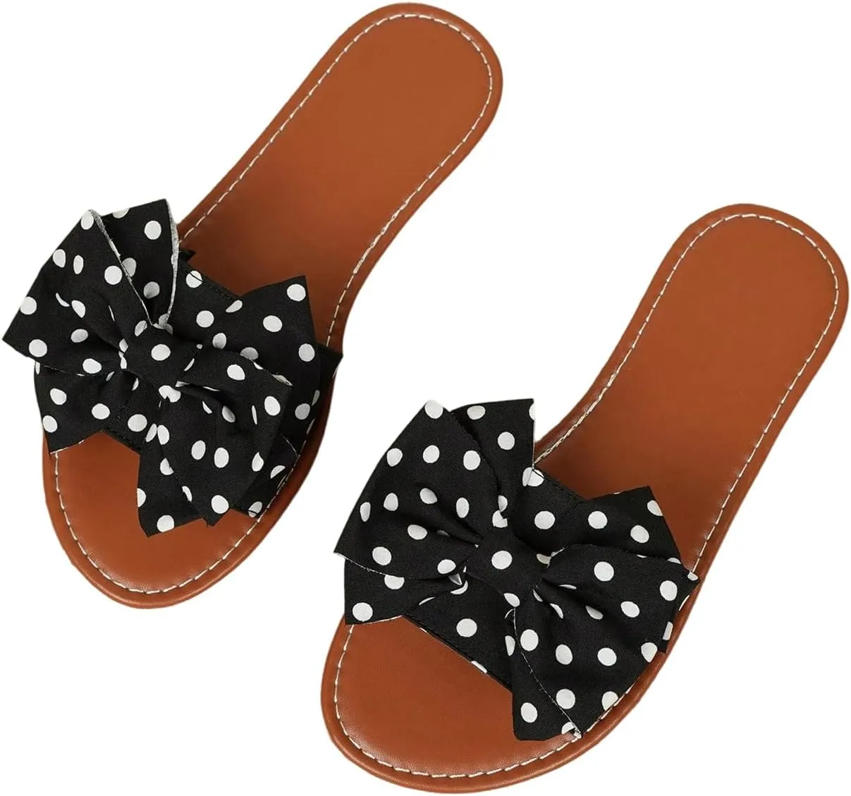 MakeMeChic Women's Polka Dots Bow Flat Sandals Faux Leather Slip On Summer Shoes