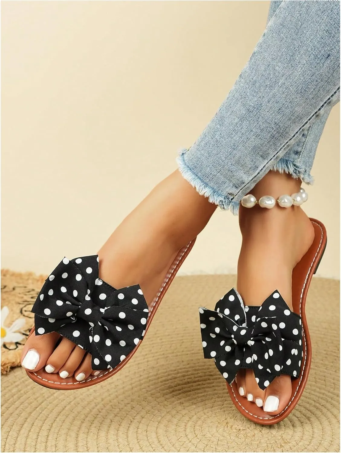 MakeMeChic Women's Polka Dots Bow Flat Sandals Faux Leather Slip On Summer Shoes