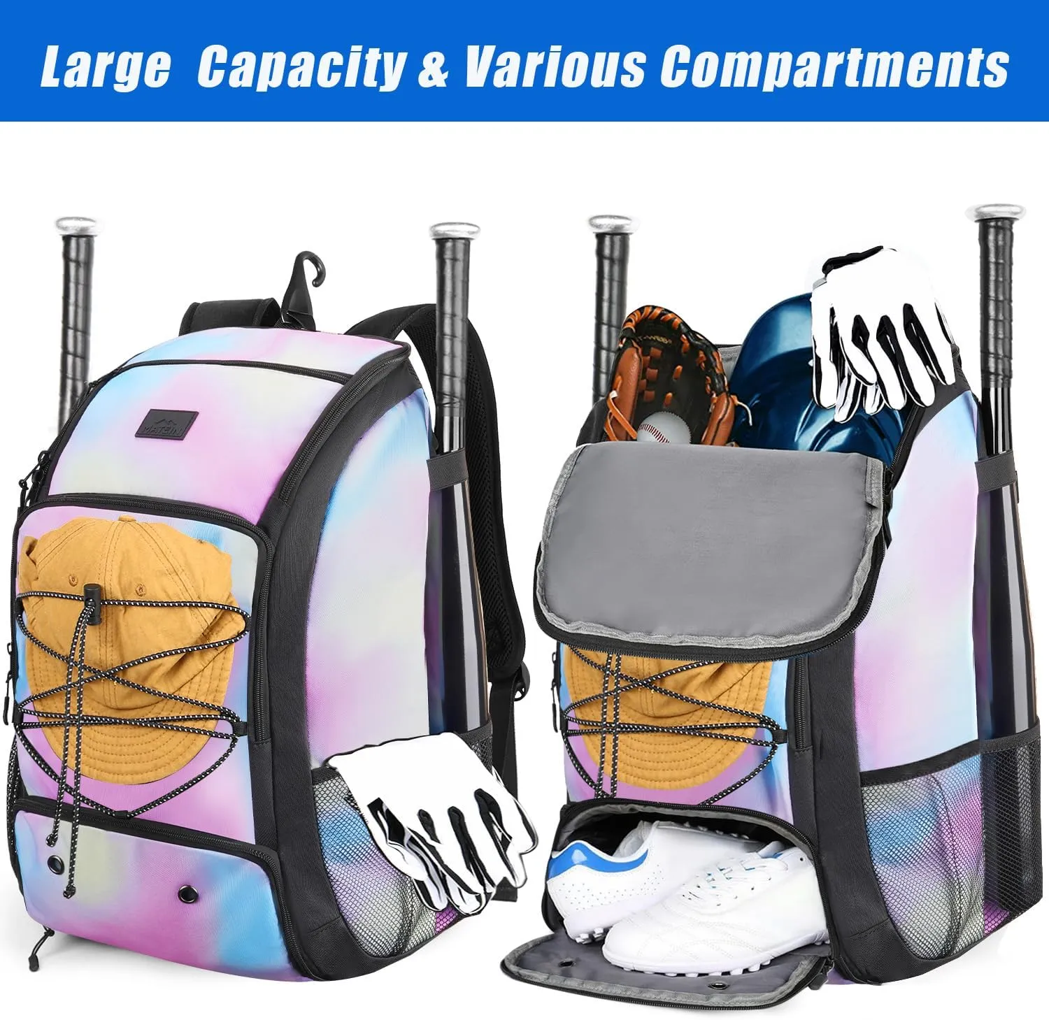 MATEIN Baseball Backpack, Softball Bat Bag with Shoes Compartment for Youth, Boys and Adult, Lightweight Baseball Bag with Fence Hook Hold TBall Bat, Batting Mitten, Helmet, Caps, Teeball Gear