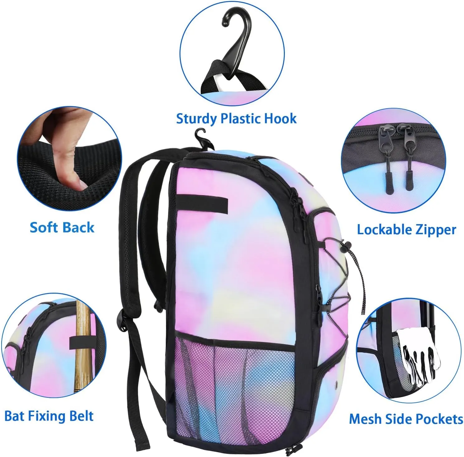 MATEIN Baseball Backpack, Softball Bat Bag with Shoes Compartment for Youth, Boys and Adult, Lightweight Baseball Bag with Fence Hook Hold TBall Bat, Batting Mitten, Helmet, Caps, Teeball Gear